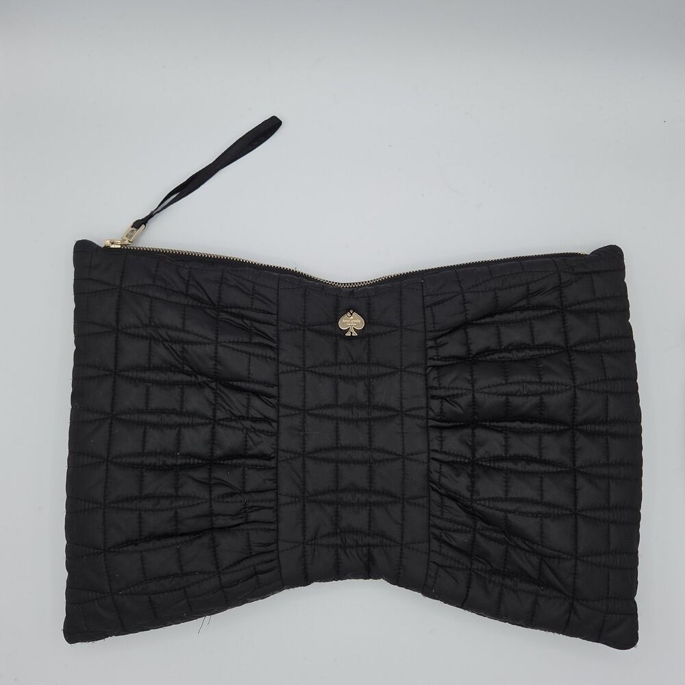 Kate Spade Black Quilted Nylon Bow Pouch Clutch Bag Cosmetic Makeup Case Travel